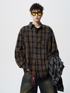 Trendy Brand Contrast Color Plaid Shirt Men's Spring American Style Street Casual Long Sleeve Shirt Vintage oversize Couple's Top
