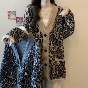 Official Figure Loose Lazy Style Sweater Coat Women's Autumn and Winter Fashion Leopard Jacquard Tassel V-Neck Knitted Cardigan Top