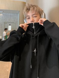 Fake two-piece half zipper sweater men's hooded couple fashion brand coat American retro high-grade sense Ruan handsome heavy Hong Kong style