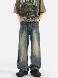 Factory Direct Supply of American High Street Lightning Pattern Jeans for Men in Autum Trendy Brand Loose Handsome Straight Wide Leg Long Pants