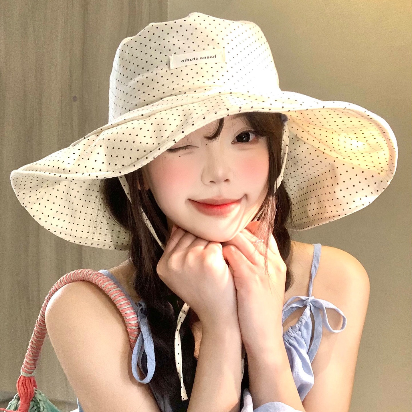 Polka Dot Tie-Up Fisherman Hat for Women, Spring and Summer 2026 New Style, Large Brim Sun Protection Hat, Makes Face Look Smaller, Outdoor Sunshade Hat