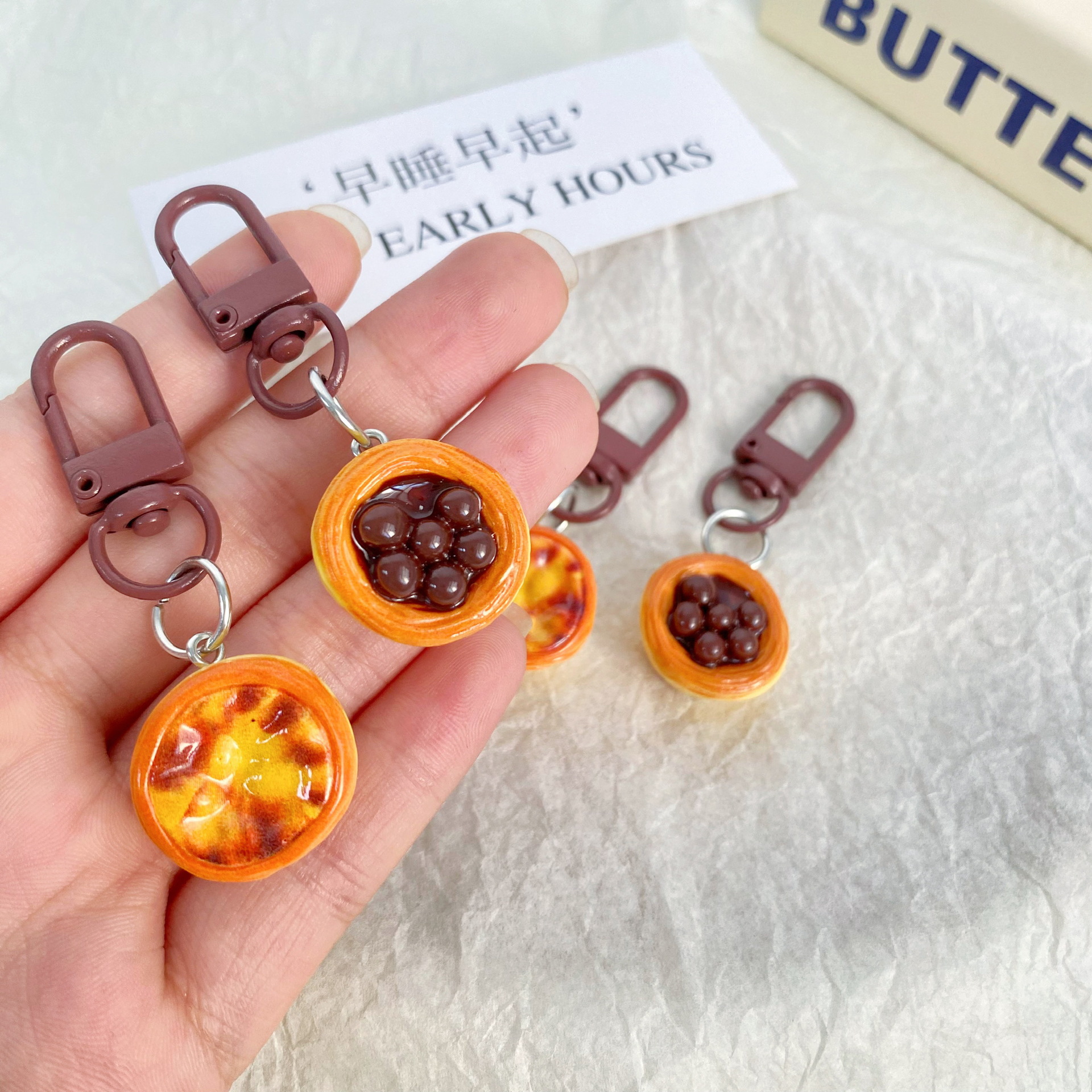 Chocolate Egg Tart Brown Keychain Cute Girl Heart Pendant Student Bag Key Chain Accessories Girlfriend Hanging Ornaments