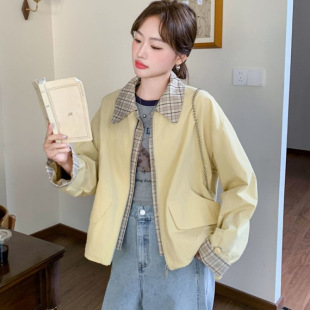 Plaid Stitching Short Yellow Crock Jacket Women's Spring and Autumn 2025 New Style Small Casual American Style Jacket Popular