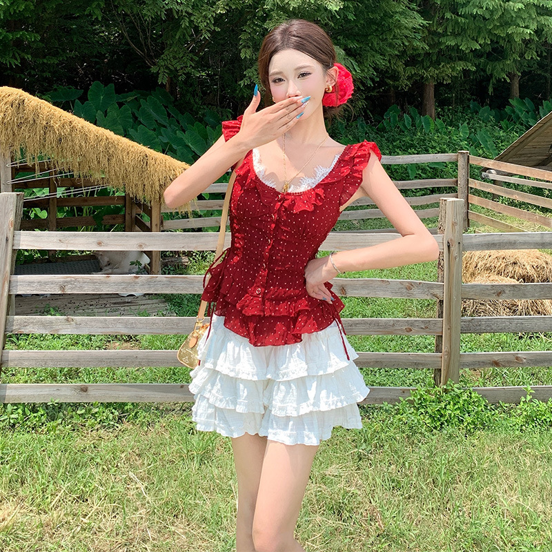 Red Round Neck, Small Flying Sleeves, Polka Dot Shirt, White Ruffle Top + High Waist Ballet Skirt, Cake Skirt, Short Skirt