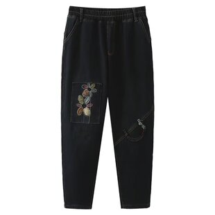 2024 autumn and winter new plus size women's fashion retro trend design sense fleece-lined embroidery casual pants H 70 053