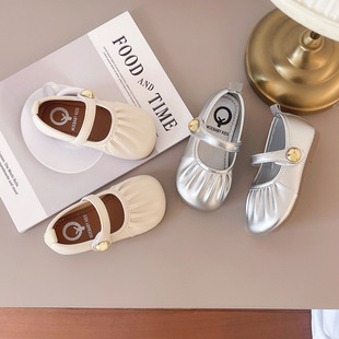 Korean Style Girl's Mary Jane Small Leather Shoes 2024 Autumn Banquet Western Style Princess Shoes Baby Pleated Soft Bottom Shoes