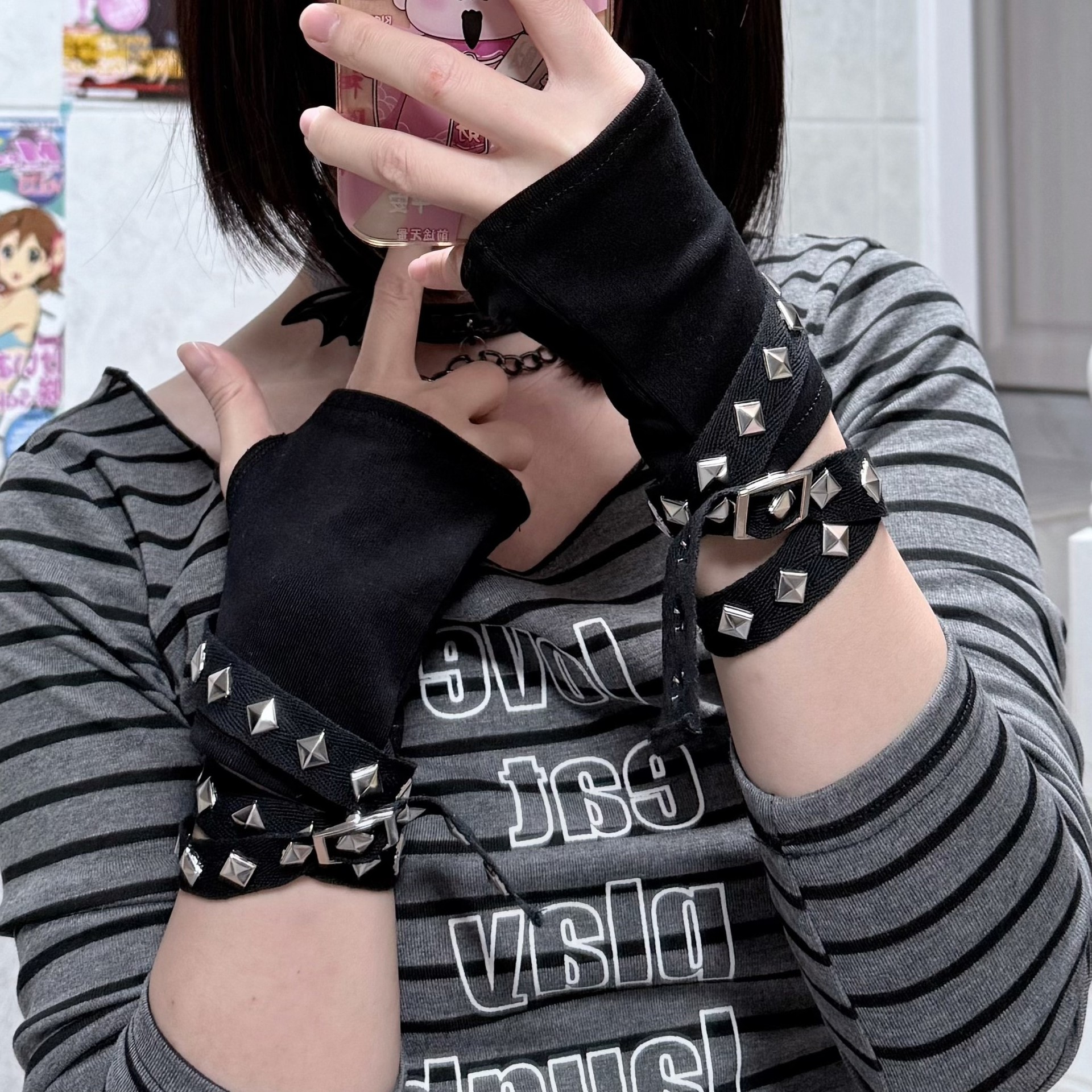 Punk Half-Finger Studded Gloves Dark Yabi Foreign Trade Popular Harajuku Japanese Y2K Music Festival Street Dance Gloves