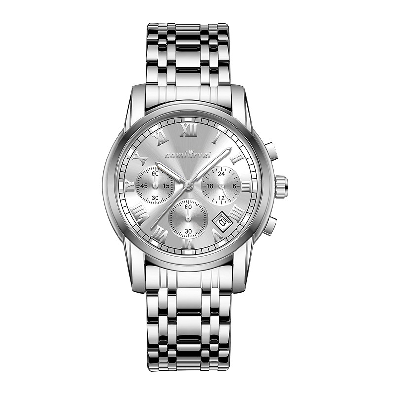 Kangluowei Steel Band Quartz Watch with Calendar, Three Dials, Six Hands, Fashionable Casual Men's Watch, Cool Wristwatch, Cross-Border Shipping