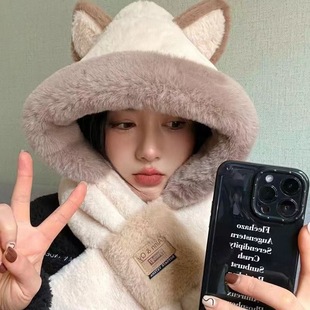 Thickened Autumn and Winter Double Color Bear Ears Cute Hat Scarf One Two-Piece Set Cycling Travel Windproof Warm Hat