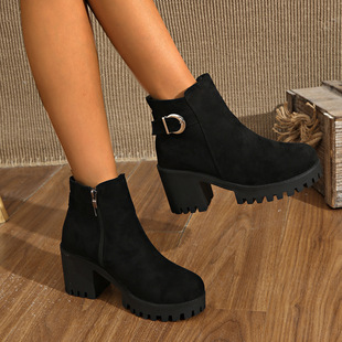 Foreign Trade plus size Square-heeled Martin Boots Women's Outer Wear Autumn and Winter 2024 New European and American Leopard Print Belt Buckle Casual Ankle Boots