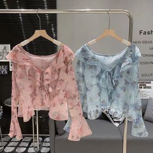 Floral Collar Top Women's Early Spring 2024 New French Style Chic Beautiful Ruffled Shirt Long Sleeve Shirt