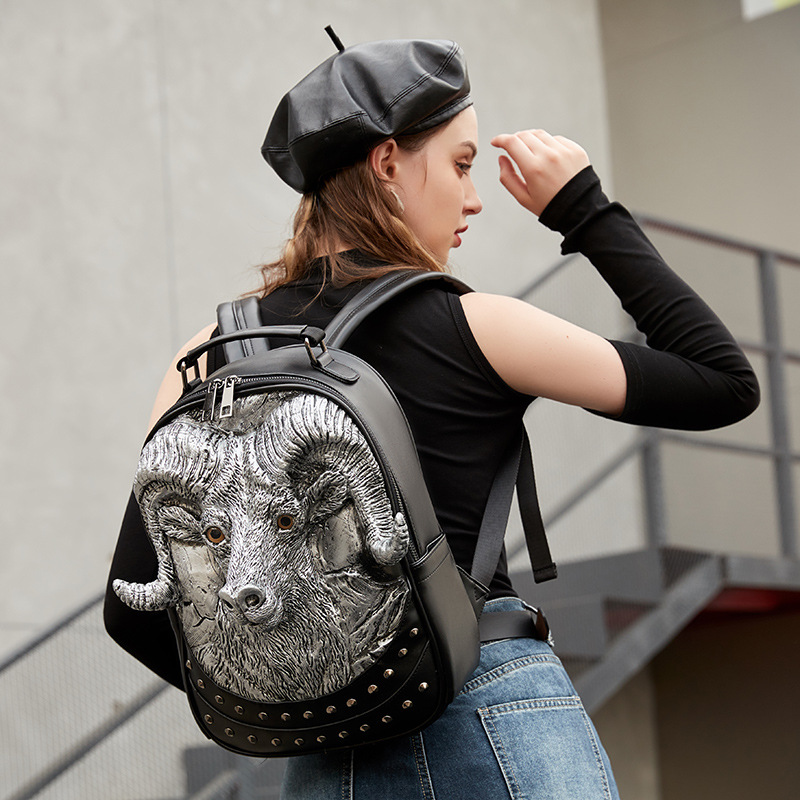 Guangzhou Women's bag new personalized PU leather 3D 3D Halloween simulation goat backpack men's and women's universal bag