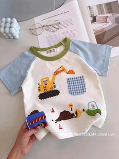 Japanese Boy's Excavator Short-sleeved T-shirt 2025 Summer New Arrival Men's Cute Cartoon Color Contrast Casual Top