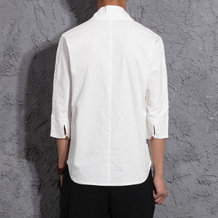 2024 retro style cotton and linen short sleeve V-neck T-shirt summer three-quarter sleeve men's linen Hanfu T-shirt fashion brand clothes