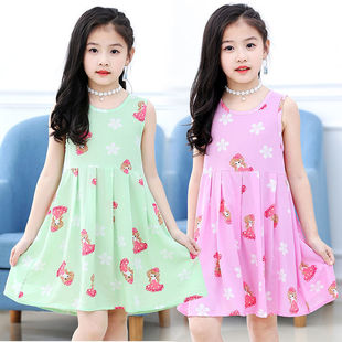 Girl's Cotton Silk dress Summer Thin Girl's Artificial Cotton Outer Wear Large Size Children's Skirt Sleeveless Loose Viscose Skirt