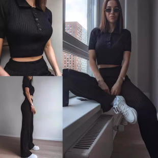 AliExpress Fashion European and American Women's Knitted Polo Collar Short Sleeve Top Shorts Casual Two-Piece suit Women