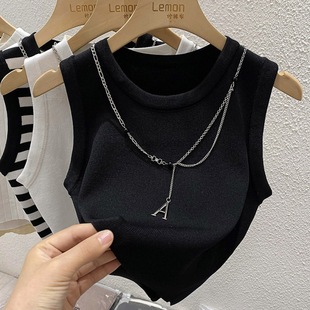 White Base Shirt Women's Summer Striped Short Sleeveless Ice Silk Knitted T-Shirt Inner and Outer Camisole Top