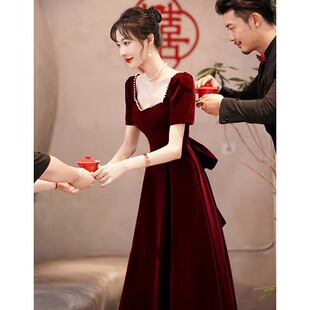 Toast Dress Bride 2023 New Spring and Summer Long Sleeve Wedding Engagement Dress Velvet Burgundy Evening Dress Dress
