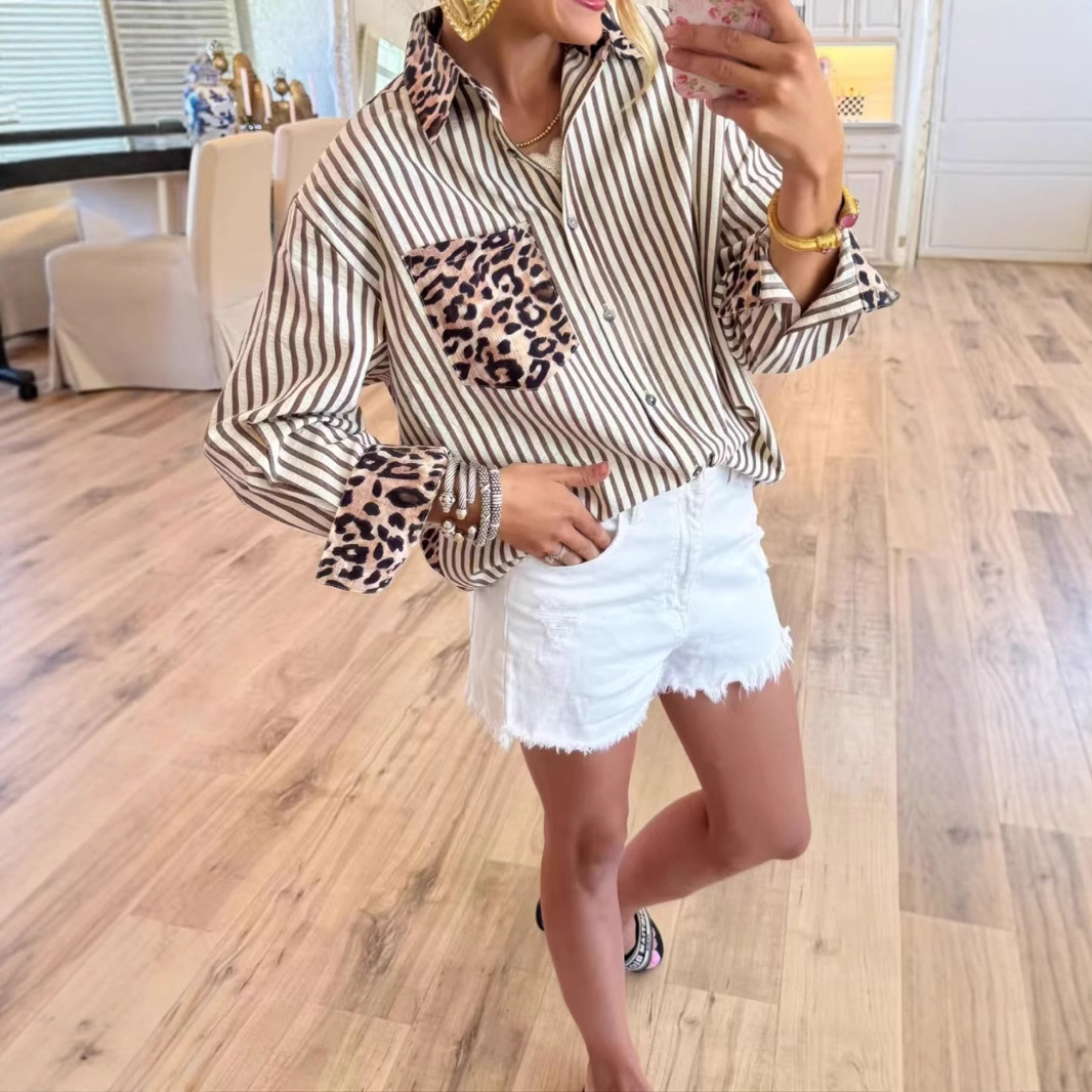 Foreign trade autumn cross-border European and American women's fashion casual versatile long-sleeved leopard print patchwork cardigan striped shirt top