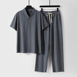 Chinese Style Two-Piece Spring and Autumn Short-Sleeved Suit Men's Loose Cotton and Linen Coat Tea Hanfu Clothes Zen Suit Tang Suit Men