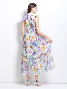 European and American high-end hollow-out lace stitching small fly sleeve waist strap slimming temperament single-breasted printed dress