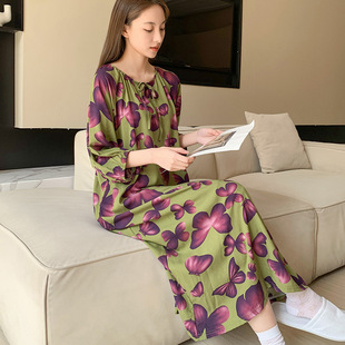 2025 New Style Cotton Silk Pajamas Women's Mid-Sleeve Thin Artificial Cotton dress Long Nightdress Home Clothes Spring and Summer