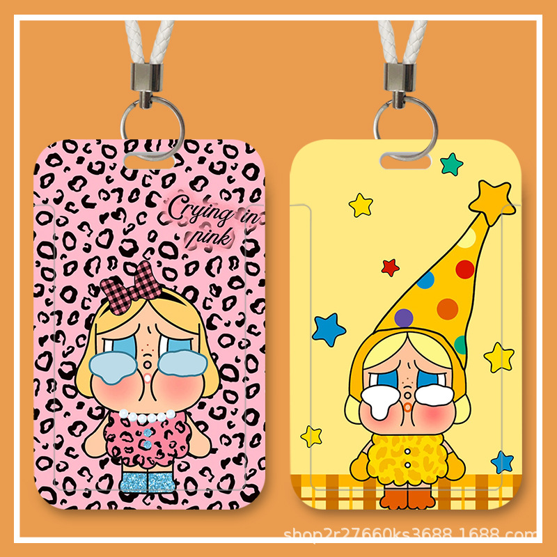 Leopard Print Crying Baby-Themed Student Sliding Cover for Meal Card, Bus Card, Id Card, Access Card, and Campus Card Holder