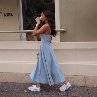 in stock cross-border European and American style 2025 summer women's new sleeveless suspenders slim imitation denim dress