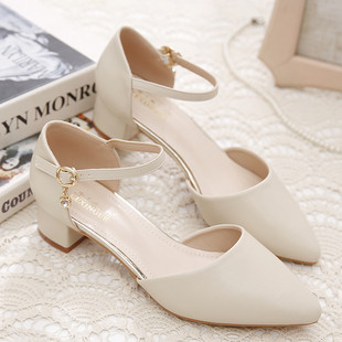 [high quality material] really soft leather soft-soled sandals women's thick heel 2024 spring and autumn summer new mid-heel single-layer shoes for women