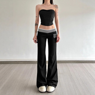 American Street Style Waist Striped Patchwork Design Letter Embroidery Slim Straight-Leg Flared Pants Versatile Casual Pants for Hot Girls