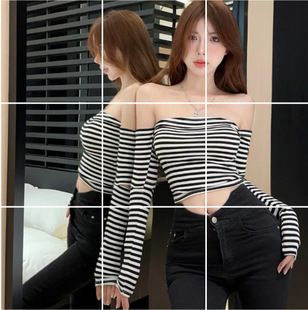Sexy Striped Off-shoulder T-shirt Women's Autumn Hot Girl Short Top 5125 Striped Off-shoulder Long-sleeved Top