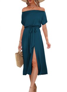 2024 Amazon eBay Women's New Summer dress Shoulder Short Sleeve Lace Waist Split Mid-Length dress
