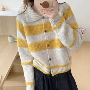 Striped Contrast Lazy Style Lapel Knitted Cardigan Jacket Korean Style All-match Age-reducing Autumn and Winter New Sweater Top for Women