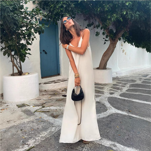 in stock 2025 Summer Women's Cross-border Foreign Trade New Sexy Backless Strap Solid Color Loose Casual Long Dress