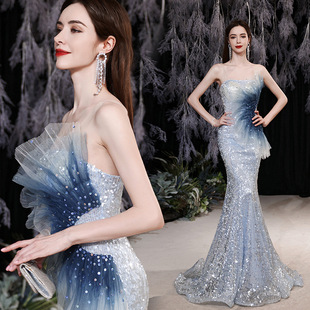 Banquet Evening Dress Women's Blue Art Examination Annual Meeting Performance Catwalk Host Waist Fishtail Sequin Wedding Dress
