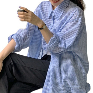 Lazy gentle girl South Korea niche early autumn bubble cotton texture plaid mid-length sun protection clothing shirt