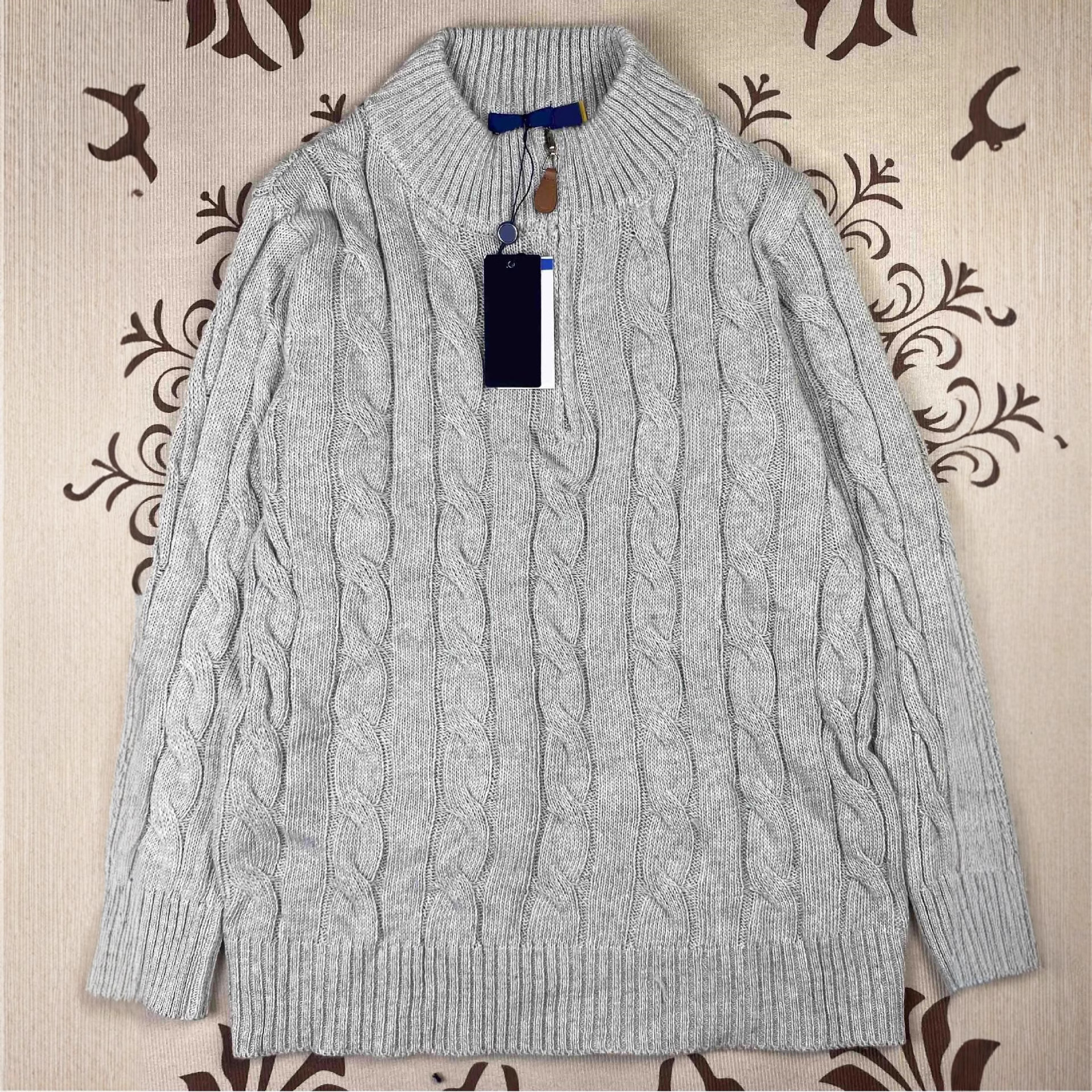 Real Shot Rl Raff Pony Logo Embroidered Knitwear for Men, Autumn and Winter Stand-Up Collar Twist Couple Half-Zip Knitwear for Women