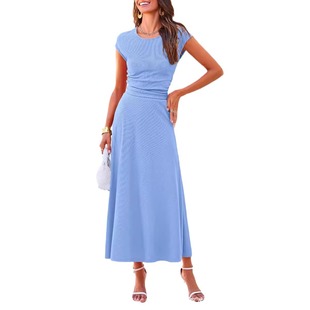 2024 Summer New European and American Amazon Casual Knitted Short-sleeved Navel Top Waist Midi Dress 2 Pieces suit