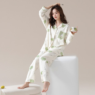 Pajamas women's autumn and spring 2025 new cotton long sleeve trousers loose lapel can be worn suit home clothes wholesale