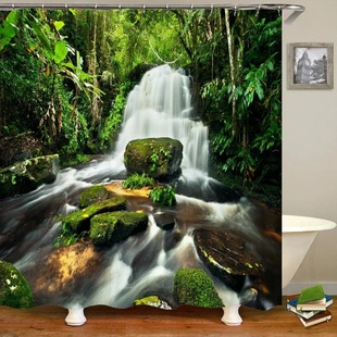 Cross-Border 3D Printed Forest Natural Scenery Shower Curtain 3D Printing Bath Curtain Polyester Washed Fabric Hooks Home Decor