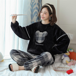 New Autumn and Winter Flannel Pajamas Women's Autumn and Winter Women's Cute Loose Thin Fleece Warm Coral Fleece suit Home Clothes
