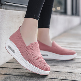 Slip-on slip-on lightweight thick sole height increasing air cushion sports rocking shoes new flying woven mesh surface breathable casual women's shoes
