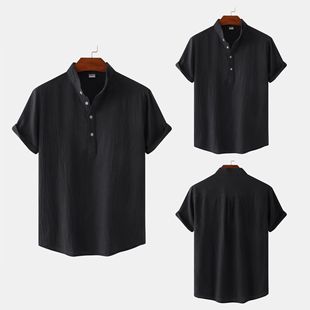 2023 Amazon Independent Station Summer Men's Cotton Linen Stand Collar Casual Short-sleeved Shirt Beach T-shirt Shirt Men's Clothing