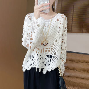 Round Neck Hollow Crochet 100 Pure Wool Sweater Women's Loose Lazy Long Sleeve Knitted Sweater Base Wool Sweater Top