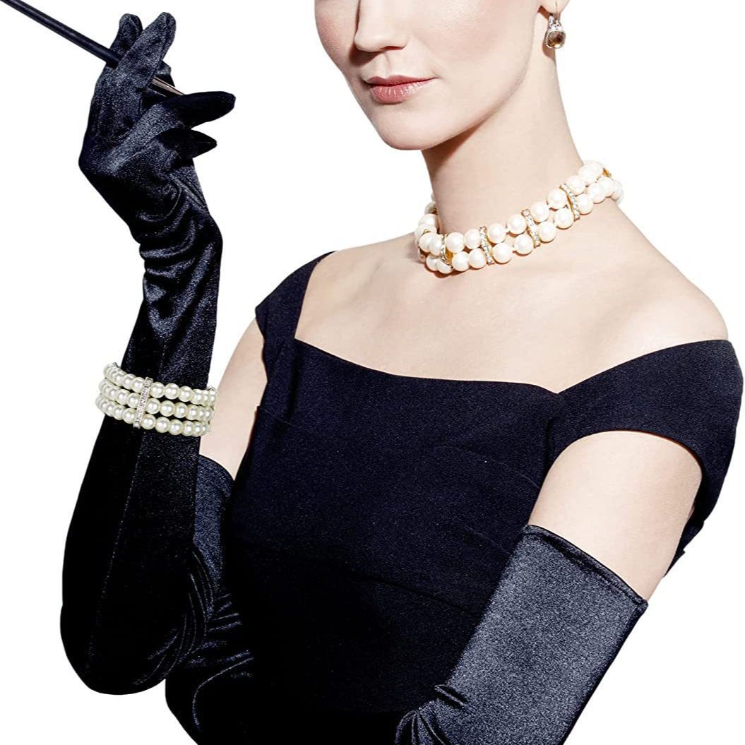 Long Velvet Gloves Elbow Long Gloves Black Opera Party Gloves 3 Row Faux White Pearl Elastic Wrist