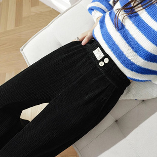Small 145cm tall chenille wide leg pants women's autumn and winter 150 fleece-lined corduroy casual straight pants