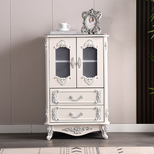 European-style chest of drawers with open door bedroom storage cabinet ivory white paint solid wood drawer carved light luxury