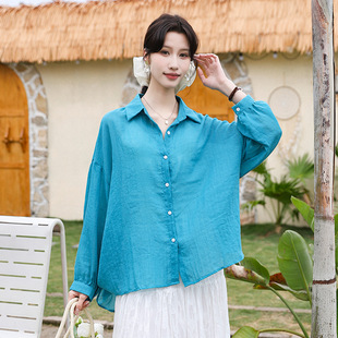 Kite Fashion Simple All-match Solid Color Ramie Shirt Women's Spring and Summer New Light and Thin Breathable Cardigan Sunscreen Jacket
