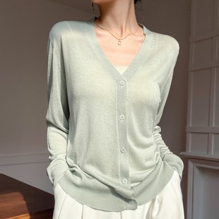 25 Spring and Summer New Women's Knitted V-neck Shirt Thin Summer Sunscreen Trendy Joker Tencel Long Sleeve Loose Lazy