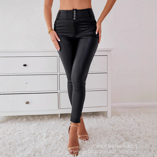 2025wish AliExpress eBay New European and American Women's Four-button matty leather pants for women